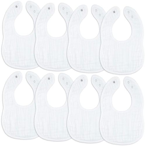 Comfy Cubs Muslin Bibs for Babies, Pack of 8 - Soft and Highly Absorbent, Feeding, Drool and Teething Bib, Adjustable Snaps - Stylish & Colorful Unisex Designs, Giftable Set - White