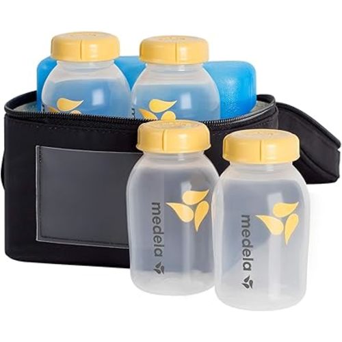 Medela Breast Milk Storage Cooler Bag with Contoured Ice Pack, 4 Bottles and Lids, Convenient Breastmilk Transport