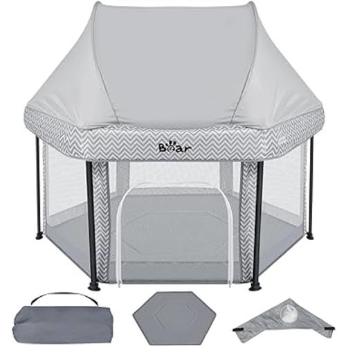 Bear Baby Playpen with Canopy, Outdoor Playard for Babies and Toddlers, Foldable Baby Beach Tent with Soft Mat, Sunshade Cover and Travel Bag, Pack and Play-Grey