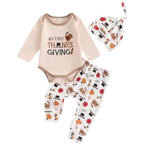 Baby Boy Girl My 1st Thanksgiving Outfit 0-3 6 12 18 Months Long Sleeve Romper Turkey Pants Hat Set Infant Clothes