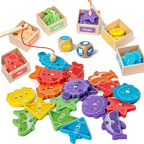 Montessori Toys for Toddlers 1-3,Wooden Magnetic Fishing Game Educational Shape & Color Sorting for Kid 3-5,Boy Girl Preschool Learning Motor Skill Matching Activity Toy for Age 2-4 (Box)