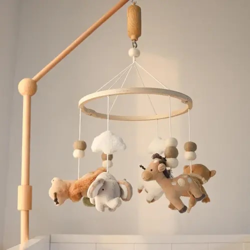 The Peanutshell Safari Crib Mobile for Boys or Girls, Wooden Musical Baby Mobiles with 12 Lullabies, Elephant, Giraffe, Zebra, Monkey, Jungle Animal Nursery Decor