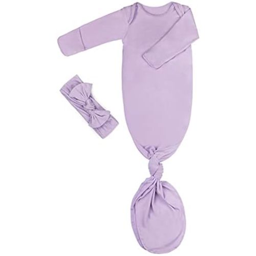Newborn Baby Knotted Gown, Super Soft Silky Infant Long Sleeve Sleeper for Baby Girl and Boy Sleeping Bag with Hat