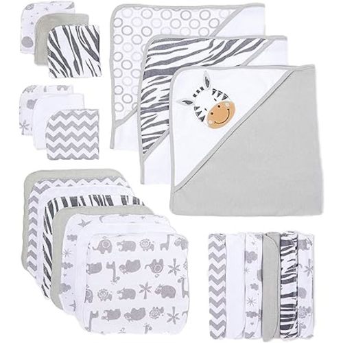 Spasilk 23-Piece Soft Terry Hooded Bath Towel and Washcloth Gift Set, 3 Baby Towels and 20 Baby Washcloths for Newborn Boys and Girls, Baby Bath Essentials, Ideal, White Zebra