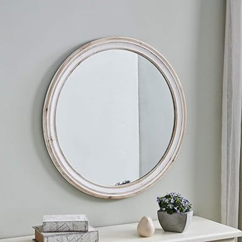 FirsTime & Co. Aged White Clybourne Wall Mirror, Vintage Decor for Bedroom and Bathroom Vanity, Round, Wood, Farmhouse, 30 Inches