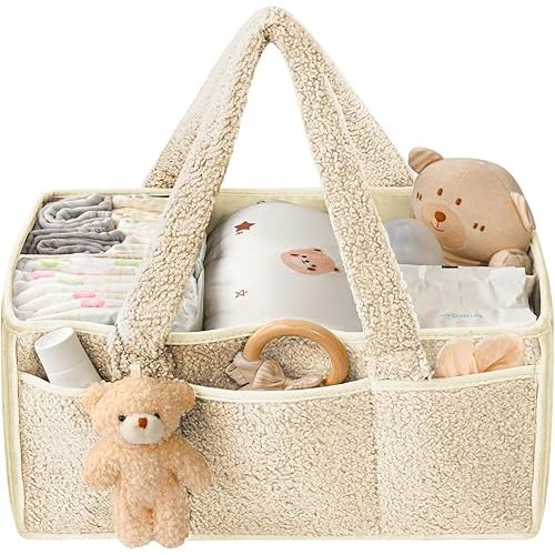 Diaper Caddy Organizer with Handle - Portable Baby Essentials Basket for Changing Table, Nursery & Travel | Diaper Storage Organizer for Newborns & Infants (Beige)
