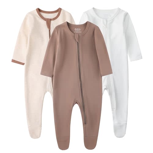 Owlivia Organic Cotton Baby Pajamas, Boys Girls 3-Pack Zip Front Sleep 'N Play, Footed Sleeper, Long Sleeve