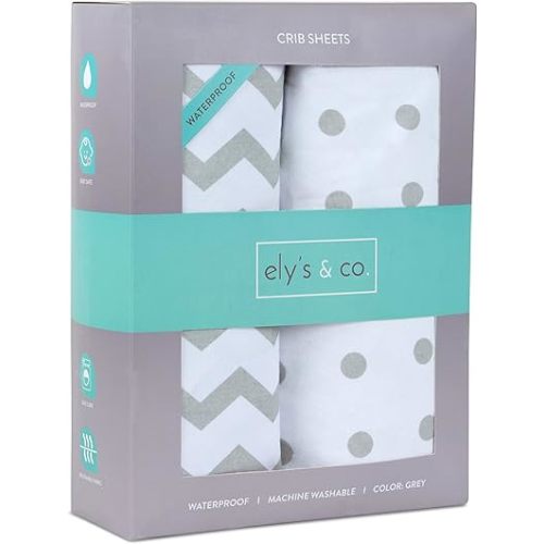 Ely's & Co. Patent Pending Waterproof Crib Sheet | Toddler Sheet, No Need for Mattress Pad Cover, 2 Pack Grey Chevron and Polka Dots, Unisex for Baby Boy and Baby Girl