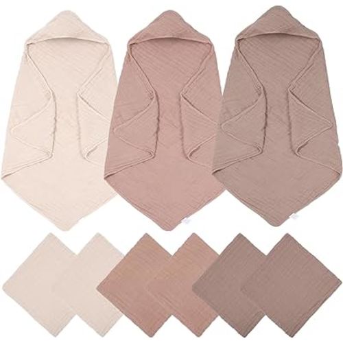 9 Pcs Baby Hooded Bath Towel and Washcloth Sets Muslin Cotton Hooded Baby Towel for Newborn Large 32 x 32 Inch Infant Toddler Hooded Towels Baby Towels with Hood Soft and Absorbent (Brown)
