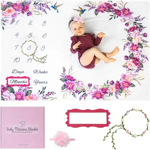 Bliss n' Baby Monthly Milestone Blanket for Baby Girl - 60"x40" - Wrinkle Free Baby Age Month Blanket with Growth Chart - Washable & Dryable - w/Wreath & Headband - Floral Theme
