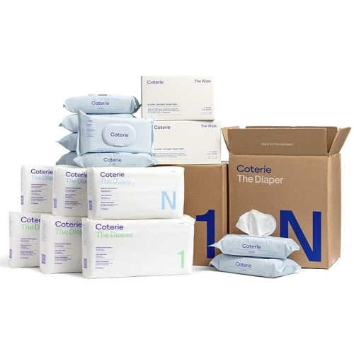 Coterie Baby Diapers + Wipes Baby Kit, Size 1 (99 Count) Size Newborn (93 Count) 8 Wipe Packs (448 Count) Made with Plant-Based Fibers, Hypoallergenic, Designed for Sensitive Skin, Clean Ingredients - Size N + Size 1 (99 count) + Wipes