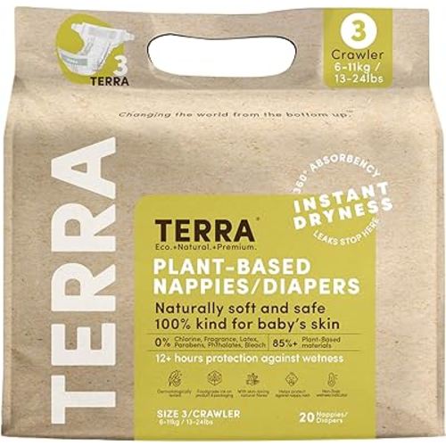 Terra Size 3 Diapers: 85% Plant-Based, Ultra-Soft & Chemical-Free for Sensitive Skin, High Absorbency for 13-24 lb Babies, 20 Count (Pack of 8)