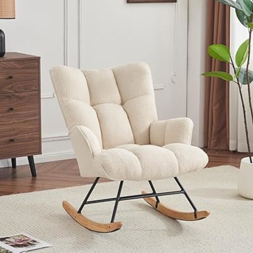 Rocking Chair Nursery Teddy, Upholstered Baby Fluffy Glider Rocker for Adults Small Spaces Indoor, Comfy Sherpa Compact Nursing Chairs for Living Room, Bedroom, Classroom, Ivory