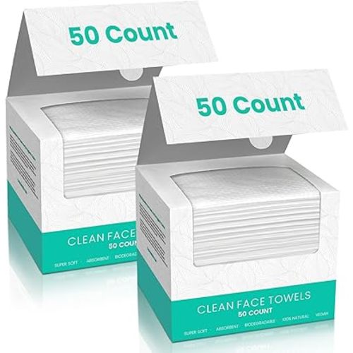 ONLYCARE Disposable Face Towel, Biodegradable, 10" x 12" Super Thick Soft Facial Towels, 100 Count Face Towelettes for Sensitive Skin, Makeup Remover Dry Wipes, 2 Pack
