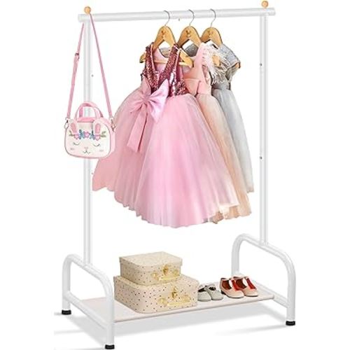 SLEEPING LAMB Kids Clothing Rack, Small Baby Clothes Rack with Bottom Storage Shelf, Kids Dress Up Rack Storage for Coats, Dance Costume Garment Rack for Hanging Clothes, White