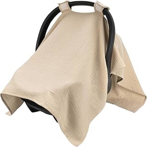 SERAPHY 100% Muslin Cotton Car Seat Cover Baby, Universal Carseat Covers, Breathable Baby Car Seat Canopy for Boys Girls, Soft Infant Car Seat Cover for Summer —Khaki