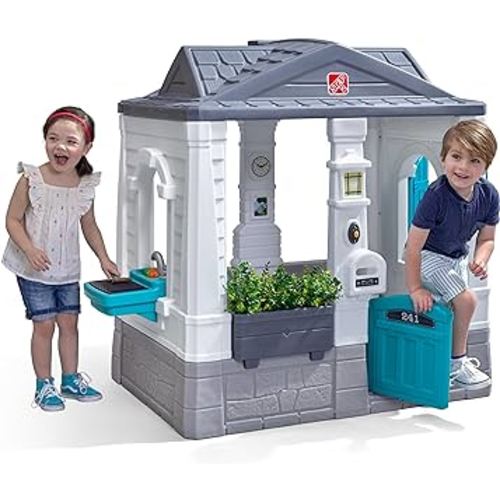 Step2 Neat & Tidy Cottage Kids Playhouse, Indoor and Outdoor Playset, Interactive Sounds, Toddlers 1.5+ Years Old, Easy to Assemble Backyard Discovery Playhouse, Grey