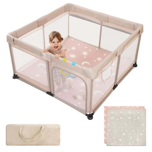Joypony Large Baby Playpen with Mat, 50 x 50 x 27 in, Breathable Mesh, Anti-Slip Base