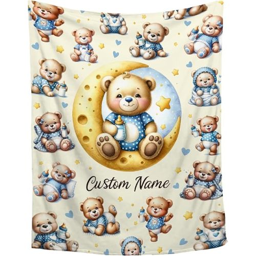 Custom Bear Blanket, Personalized Baby Blanket With Name, Soft Cozy Blankets for Kids, Gift for Birthday, 30"x40" Toddler Size for Baby/Pet