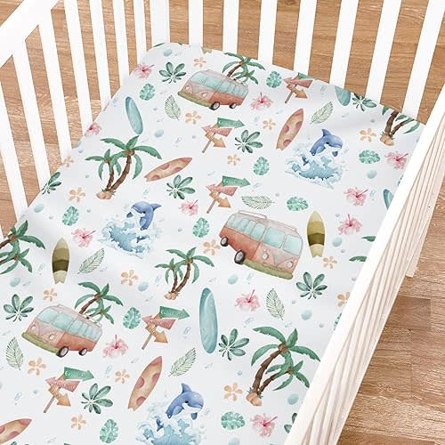 Boho Surfing Summer Beach Fitted Crib Sheets for Boy Girl 52"x28" Coconut Tree Surfboard Bus Tropical Floral Leaves Wave Soft Baby Bed Sheet Fits Standard Crib and Toddler Mattress