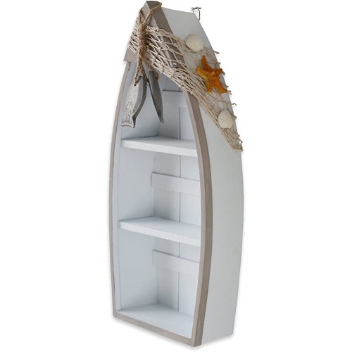 Wooden Boat Shelf, 16.5"H Standing Boat Display with Fish Net Starfish Seashell Accents White Beach Nautical Theme Decor