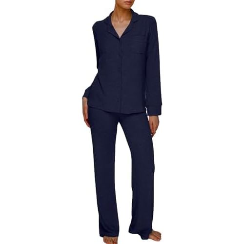 AnotherChill Women's Pajamas Set Long Sleeve Button Down Ribbed Knit 2 Piece Sleep Sets Loungewear Soft Pjs