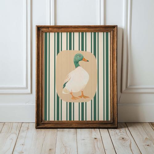 Duck Art Print, Green Stripe Nursery Wall Art, Vintage Mallard Farmhouse Decor, Preppy Boy Room Art, Cottagecore Decor, Digital Print