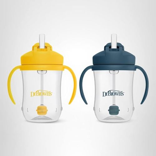 Dr. Brown's Milestones Baby's First Straw Cup, Training Cup with Weighted Straw, 9oz/270mL, Dark Blue/Vintage Yellow, BPA Free, 6m+, 2 Pack