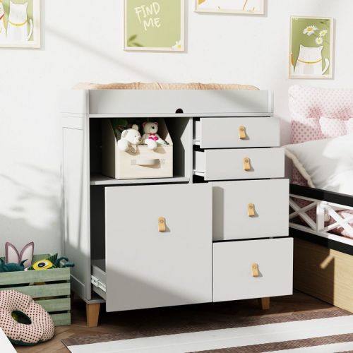 FUFU&GAGA Woodgrain Mix Gray Baby Changing Table Storage Cabinet Large Operating Table Four Drawers Leather Handles Practical and Safe