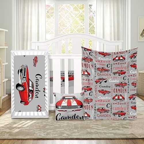 Custom Baby Crib Bedding Set 3 Piece - Personalized Name with Vehicles Design - Soft Chic Blanket, Crib Sheet, Pillowcase for Newborns Boys Girls Nursery Gifts Color02-Cars