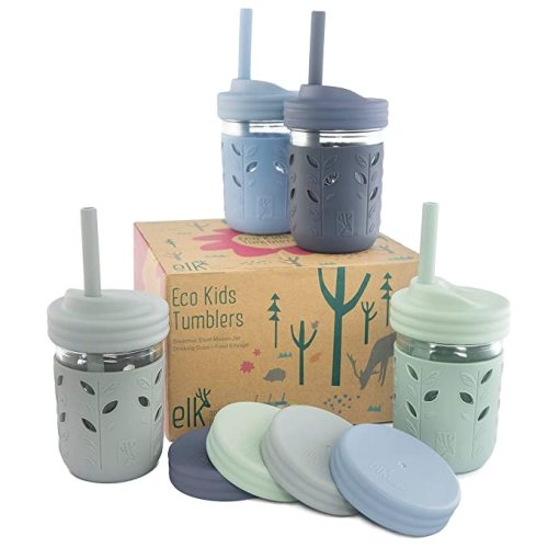 Elk and Friends Kids & Toddler Cups | The Original Glass Mason Jars 8 oz with Silicone Sleeves & Silicone Straws with Stoppers | Smoothie Cups | Spill Proof Sippy Cups for Toddlers - 4 Pack (Sleeves) - Gray, Sage, Misty Blue & Navy