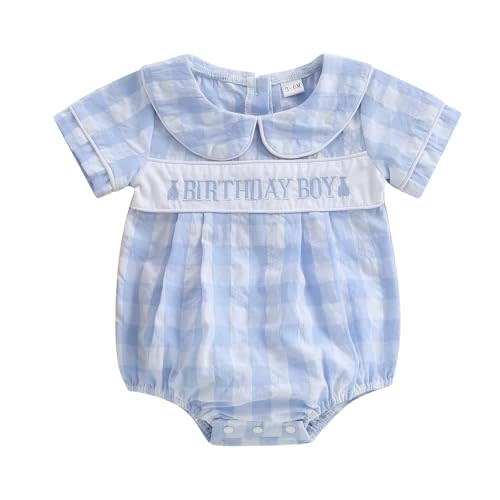 LESOBABE Baby Boy Birthday Outfit Short Sleeve Doll Collar Bubble Romper Birthday Boy Embroidery Bodysuit Summer Clothes