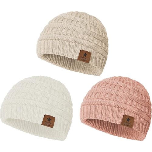 Durio Soft Warm Knitted Baby Hats Caps Cute Cozy Chunky Winter Infant Toddler Baby Beanies for Boys Girls - One Size - A Indi Pink & Beige & White