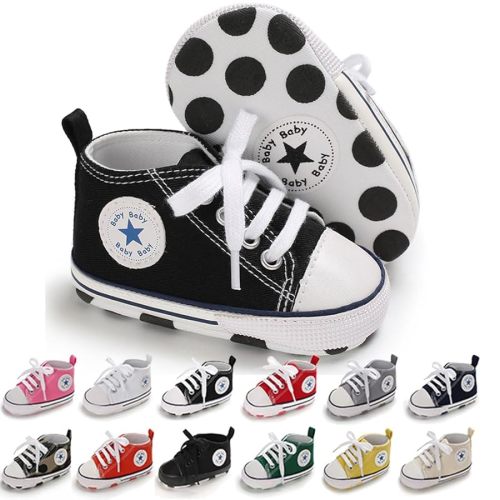 Unisex Baby Soft Sole Sneakers, Canvas Denim High Top, Newborn Infant First Walkers