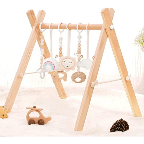 Wooden Baby Gym with 6 Wooden Baby Toys Foldable Baby Play Gym Frame Activity Gym Hanging Bar Newborn Gift Baby Girl and Boy Gym
