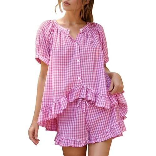 Flygo Womens Gingham Pajamas Set 2 Piece Cotton Pj Lounge Sets Puff Sleeve Ruffle Babydoll Shirt Shorts Summer Outfits