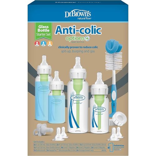 Dr. Brown's Natural Flow® Anti-Colic Options+™ Narrow Glass Baby Bottle Starter Set with Silicone Sleeves,Brush and Soft 100% Silicone HappyPaci™ Pacifier for Newborns