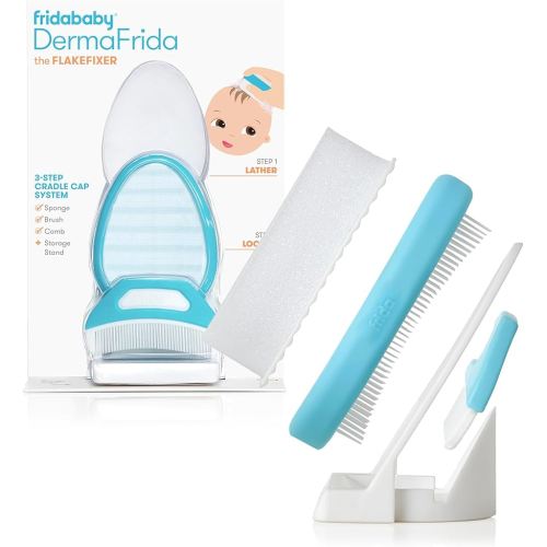 Frida Baby The 3-Step Cradle Cap System, DermaFrida The FlakeFixer, Sponge, Brush, Comb and Storage Stand for Babies with Cradle Cap, White-Blue