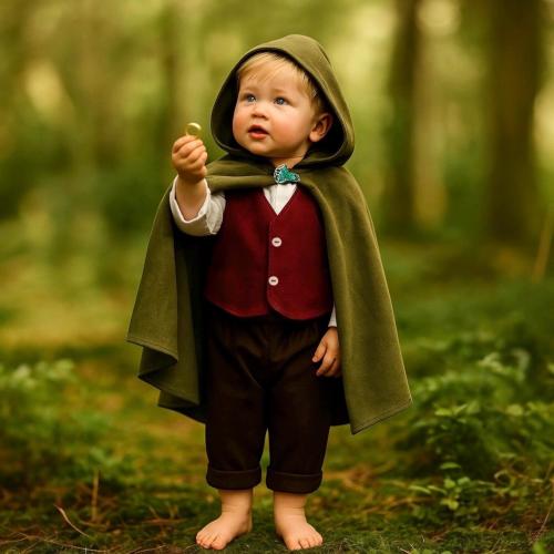 Hobbit Baby Costume Set – Handmade Medieval Outfit, Cloak, Shirt, Vest and Pants – Perfect for Ren Faire and Halloween - 1st Birthday
