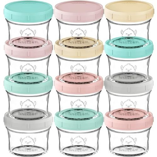 KeaBabies 12pk 4oz Glass Baby Food Containers - Leak-Proof, Microwavable Small Baby Glass Jars with Lids, Baby Food Storage Containers, Baby Snack Containers, BPA-Free Baby Food Jars (Pastels) - 12-pk 4 Ounce