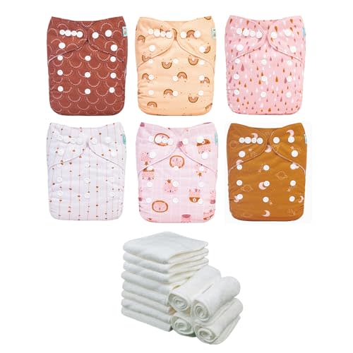ALVABABY Baby Cloth Diaper 6 Pack with 12 Inserts One Size Cloth Diaper Covers Adjustable Washable Reusable for Baby Girls and Boys