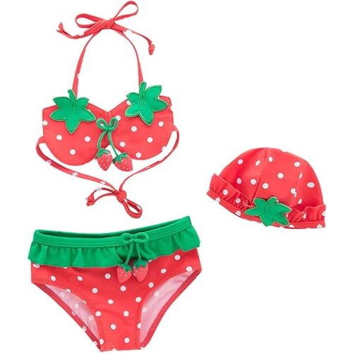 Toddler Girls Cute Strawberry Bikini Sets with Hat 3pcs Swimsuit Fruit Design Bathing Suit Summer Beach Swimwear