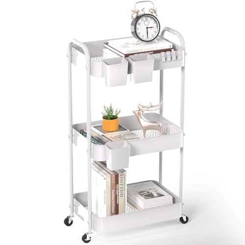 WONSAR 3-Tier Rolling Utility Cart, Metal Storage Cart with 3 Hanging Cups & 4 Hooks, Multifunctional Organization Cart with Lockable Casters for Bathroom, Kitchen, Living Room, Office, White