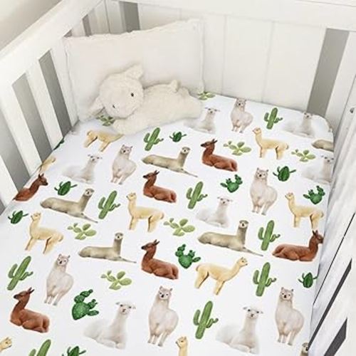 Watercolor Llama Alpacas Cactus Baby Crib Sheet 52''x28'' Desert Animal Snug Fitted Crib Mattress Cover for Boy Girl Wild Animal Plants Soft Nursery Baby Sheets for Standard Crib and Toddler Mattress