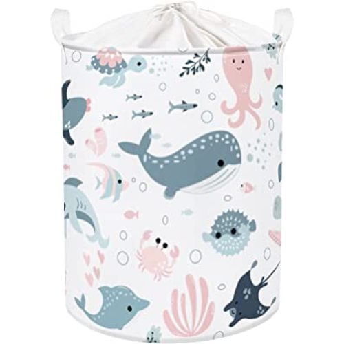 Clastyle 45L Marine Animals Bubbles Kid Laundry Basket with Lid Foldable Sea Shark Mermaid Dirty Clothes Hamper Round Toy Clothes Pool Beach Towel Basket
