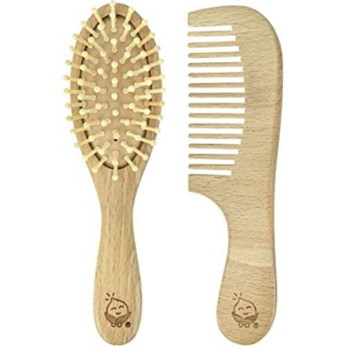 green sprouts Learning Brush + Comb Set |Super Soft Learning Brush Grooms Thick or Curly Hair| Natural Wood and Bamboo Bristles Without BPA, BPS, BPF