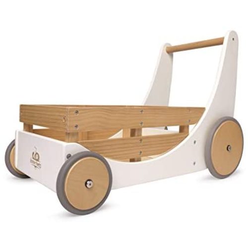 Kinderfeets 2-in-1 Wooden Cargo Walker Cart Wagon with Adjustable Rubber Wheels and Removable Basket for Children and Toddlers (White)