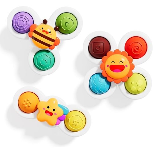3PCS Pop Suction Cup Spinner Sensory Airplane Travel Toys for 1 Year Old Boy Girl Infant Toddlers|Novelty Spinning Tops 12 18 Months|1 2 Year Old Boy Birthday Gift|Baby Bath Toy Kids Ages 1-3
