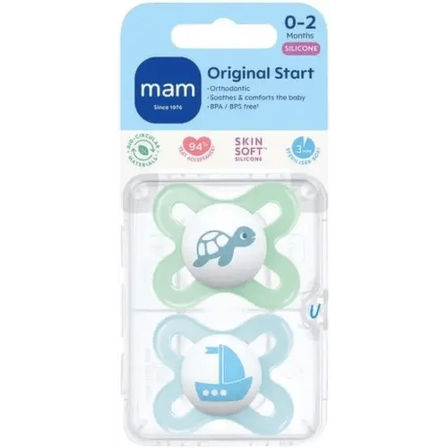 MAM Original Start Newborn Baby Pacifier, Best Pacifier for Breastfed Babies, Sterilizer Case, 2 Pack,0-3 Months, Boy