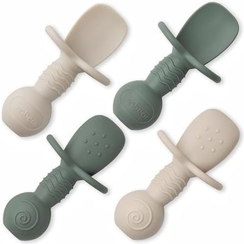 Ginbear Platinum Silicone Baby Spoons Self Feeding 6 Months First Stage, Non Toxic Infants Led Weaning Utensils for Training, BLW Supplies Pack of 4 (Dark Sage/Ivory)